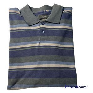 Van Heusen Men’s Short Sleeve Blue Gray Striped Polo Golf Shirt Size XL